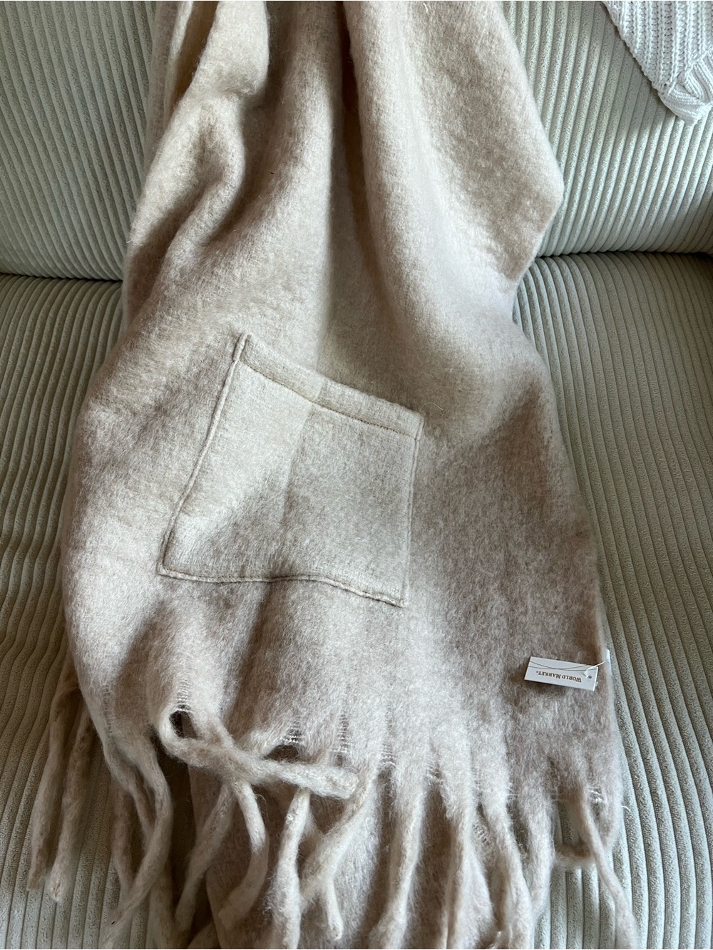World Market Cream Thick Fringe Scarf Wrap with Pockets!